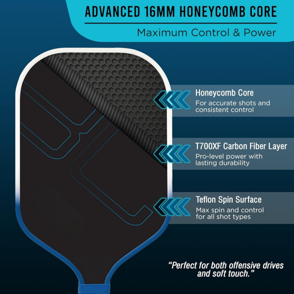 PICKLEALL T700 Carbon Pickleball Paddle — 16 mm Honeycomb Core, Spin Surface, Lightweight Power & Control, Includes Carry Bag (Blue)