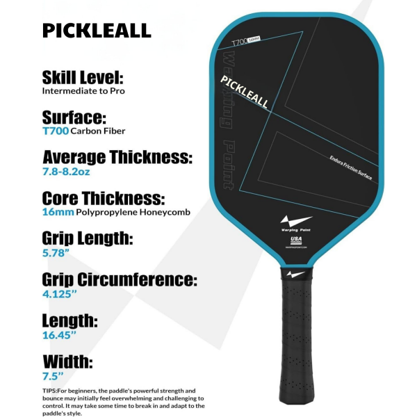 PICKLEALL Carbon Fiber Pickleball Paddle, Textured Surface for Spin, Edgeless Multi-Layer Design, Long Handle, PP Honeycomb Core