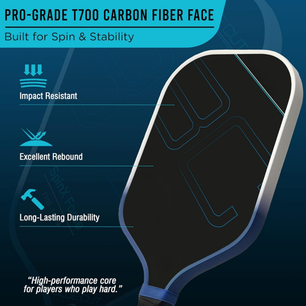 PICKLEALL T700 Carbon Pickleball Paddle — 16 mm Honeycomb Core, Spin Surface, Lightweight Power & Control, Includes Carry Bag (Blue)