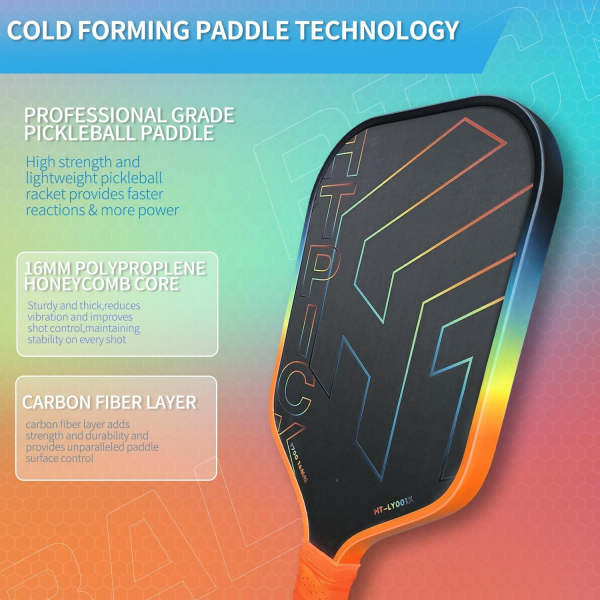 PICKLEALL T700 Raw Carbon Pickleball Paddle — 16 mm Honeycomb Core, Edgeless, Spin-Optimized Control (Rainbow)
