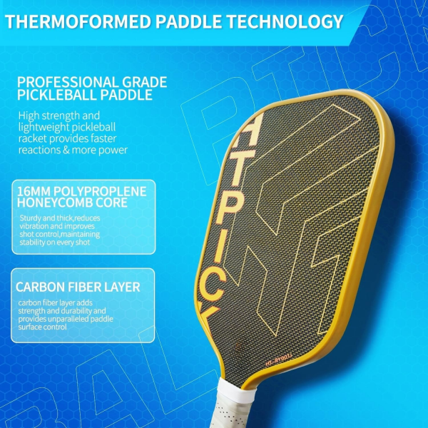PICKLEALL 3K Raw Carbon Pickleball Paddle — Gold-Tone Titanium Finish, PP Honeycomb Core, T700S Reinforcement