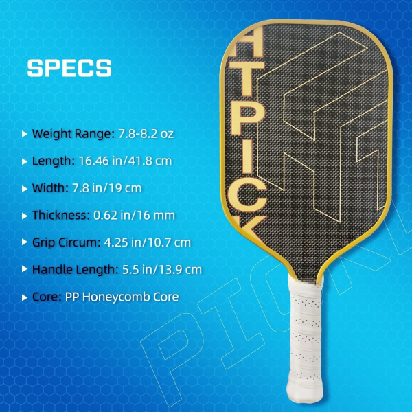 PICKLEALL 3K Raw Carbon Pickleball Paddle — Gold-Tone Titanium Finish, PP Honeycomb Core, T700S Reinforcement