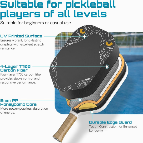 PICKLEALL T700 Carbon Pickleball Paddle — 16 mm PP Honeycomb Power Core, Includes Lead Tape for Custom Balance & Spin
